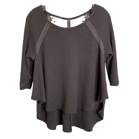 Free People Tops - Free People Charcoal Gray Waffle Knit Lace Back High‎ Low Thermal Top Womens S